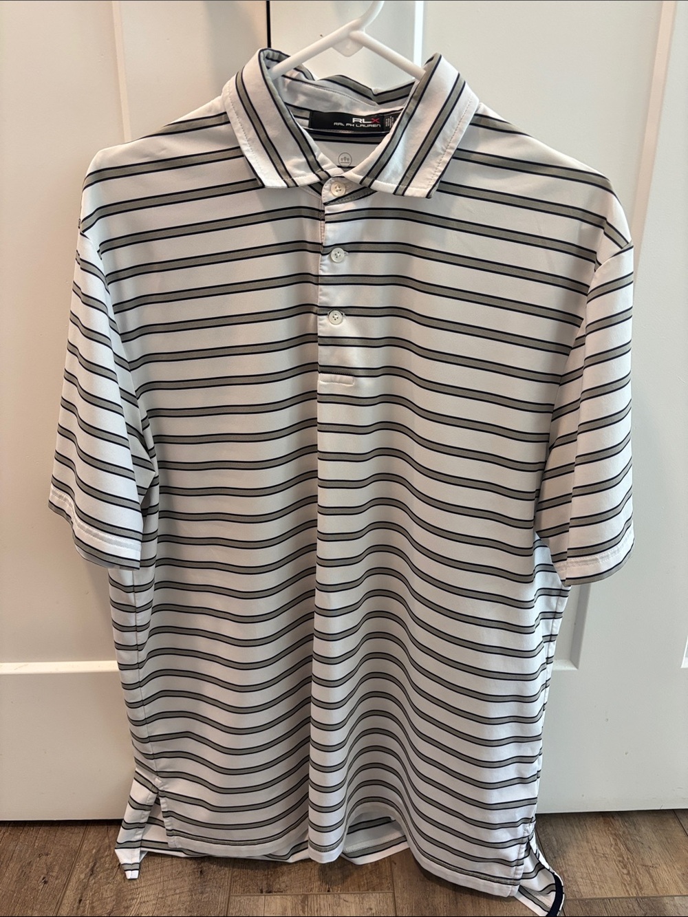 Men's RLX Ralph Lauren Striped Polo Shirt - White with Gray and Black Stripes
